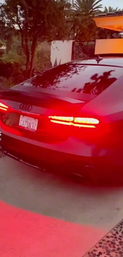 Sleek Audi with glowing taillights at dusk.