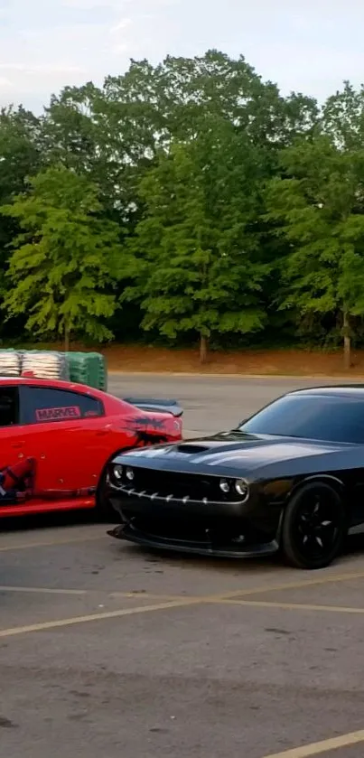 Black and red cars parked with green trees in the background.