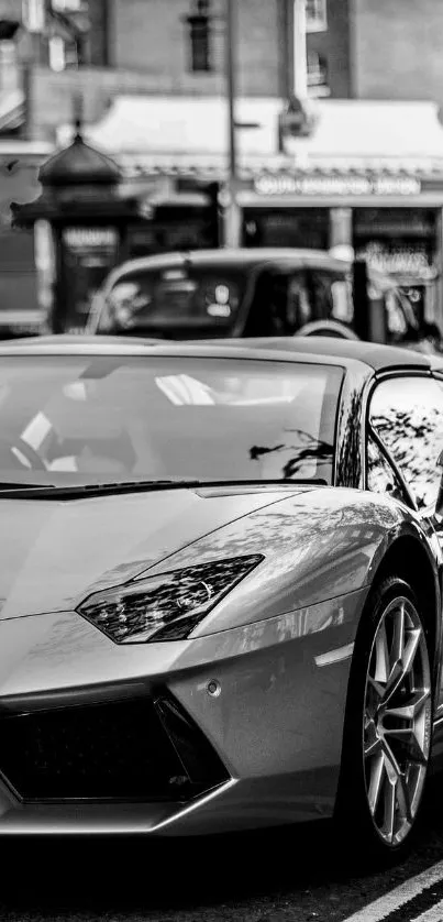 Black and white sports car on city street.