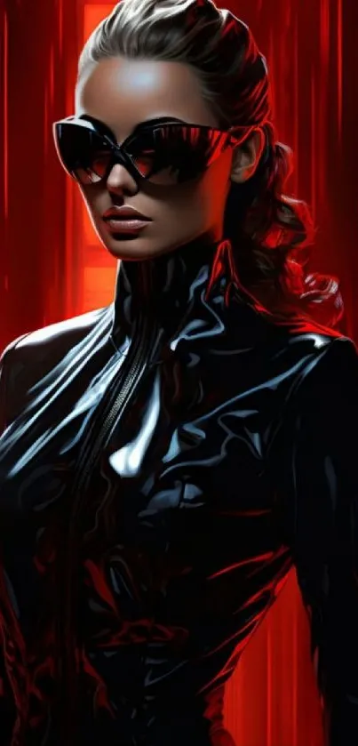 Mysterious figure in sleek black attire with a bold red background.