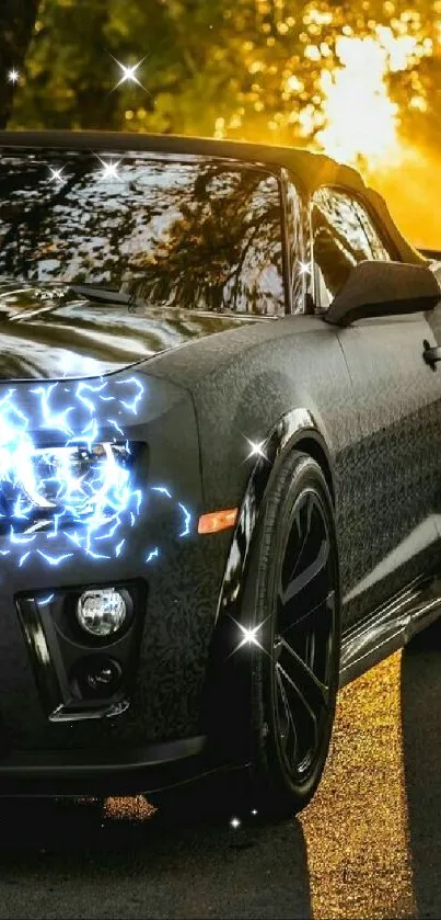 Black sports car illuminated by sunset light, parked on roadside.