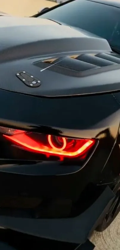 Sleek black car with vivid red headlights in detailed close-up view.