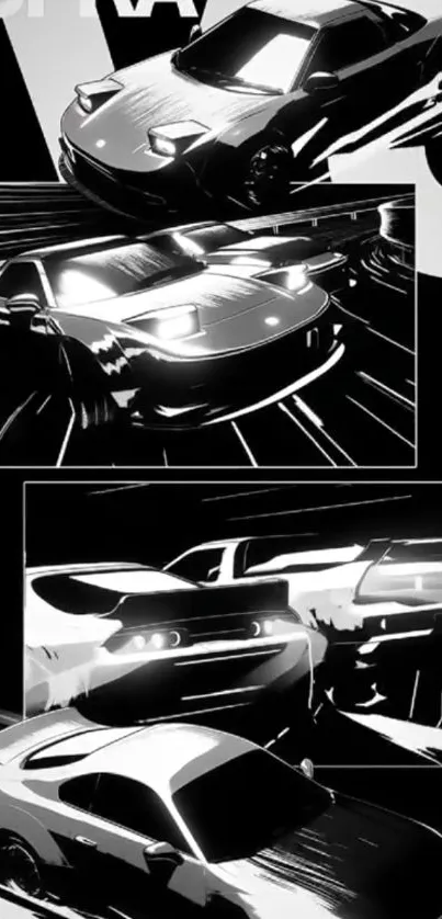 Black and white illustration of sleek cars in motion.