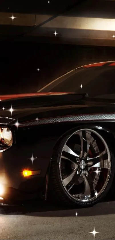 Sleek black car under moody garage lighting, highlighting its curves.