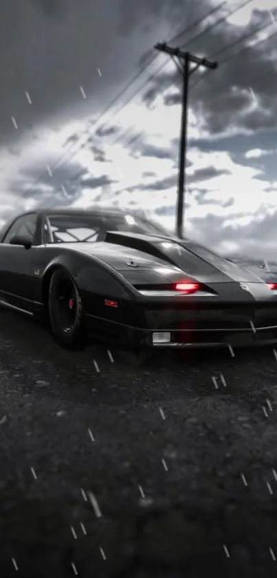 Black sports car on a rainy road under cloudy skies.