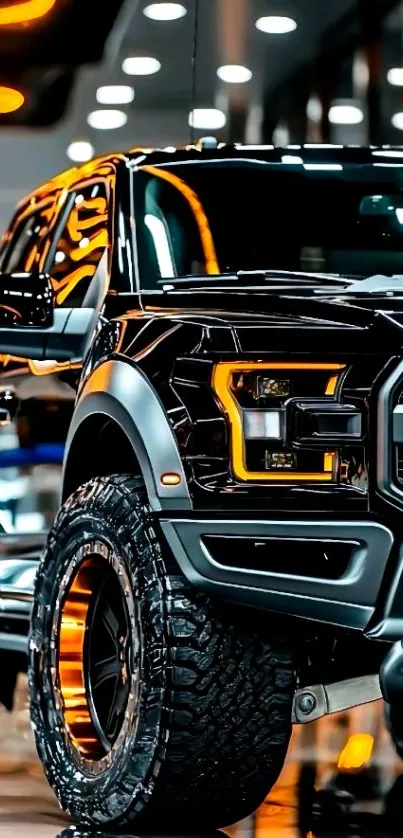 Sleek black car with glowing lights in a showroom.