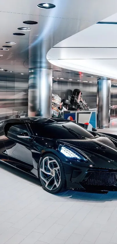 Sleek black car in futuristic showroom setting.