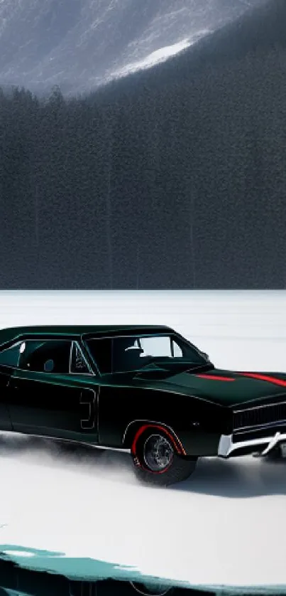 A sleek black car on snowy terrain with mountain backdrop.