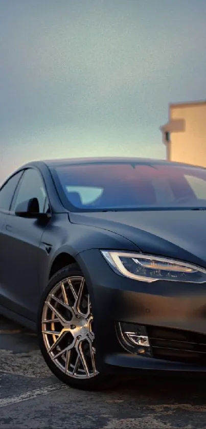 Sleek black car parked in an urban setting.