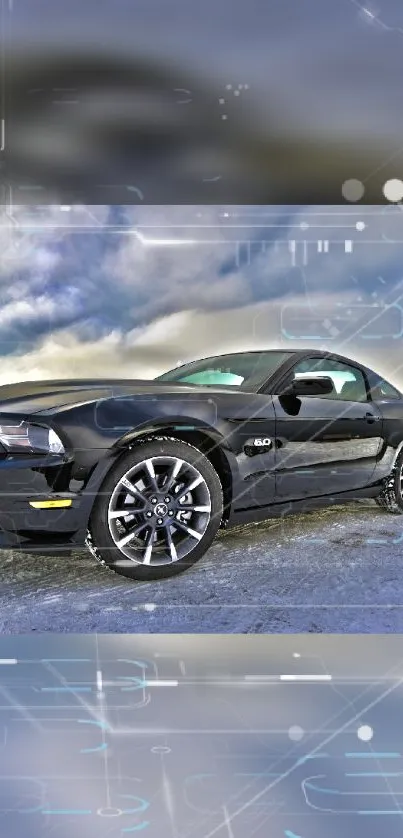 Sleek black car on icy road with digital effects.