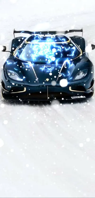 Black sports car driving on snowy road in winter landscape.