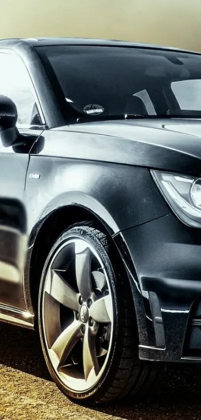 Sleek black car on a sunlit road background.