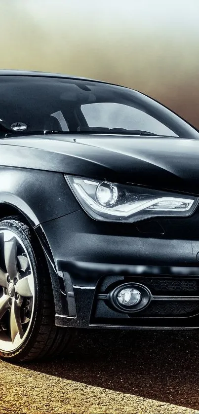 Sleek black car against a dramatic backdrop on a road.