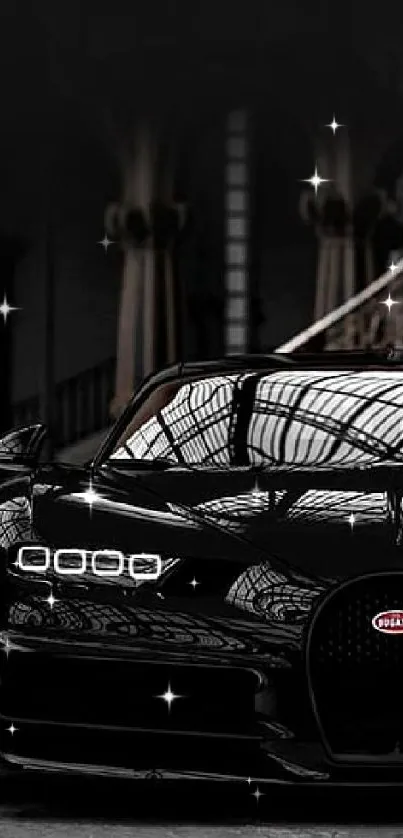 Sleek black sports car in a dimly lit setting.