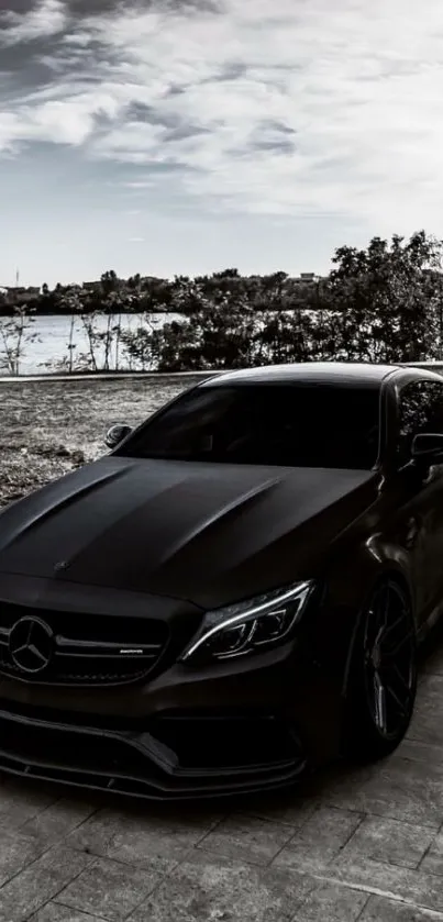 Sleek black car parked outdoors with a moody sky backdrop.