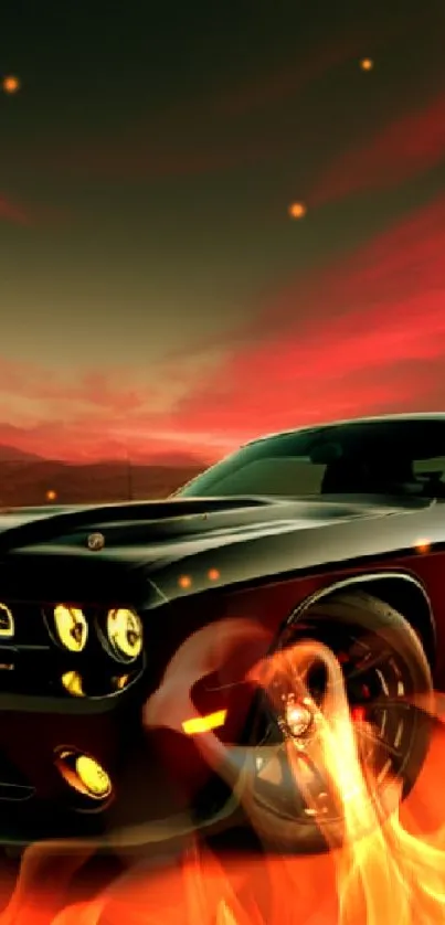 Black sports car with a vibrant sunset background.