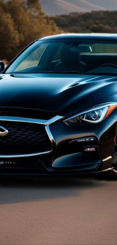 Sleek black car on a scenic road background.