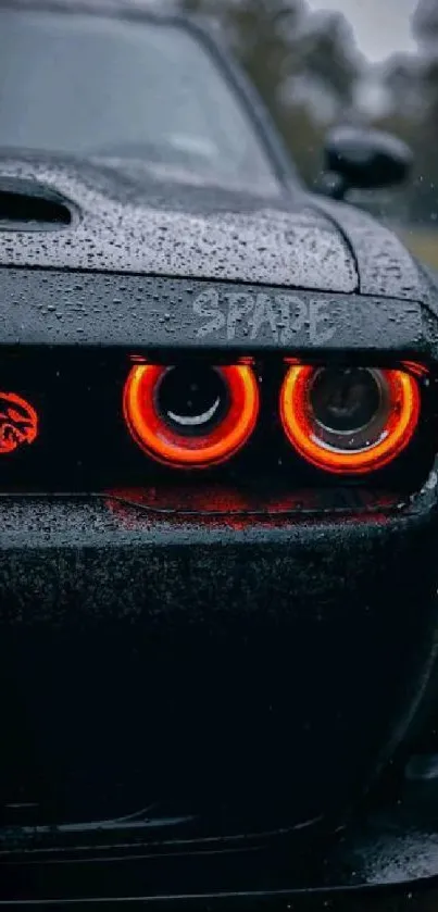 Sleek black car with illuminated red headlights in the rain.