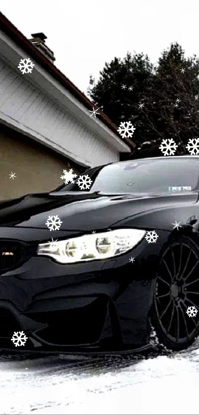 Black luxury car parked in snowy winter setting.