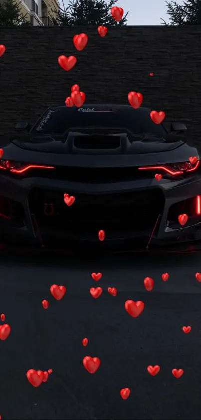 Sleek black sports car with red accents and floating hearts in a modern design.