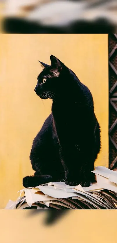 Sleek black cat on yellow background wallpaper.