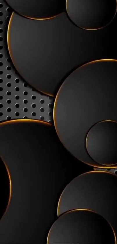 Black circular design with orange accents on a dotted backdrop.