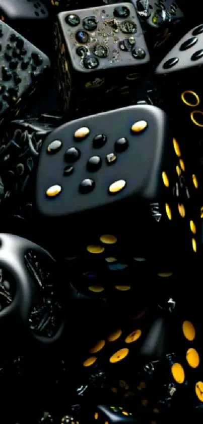 Sleek black dice with yellow dots on a dark background.