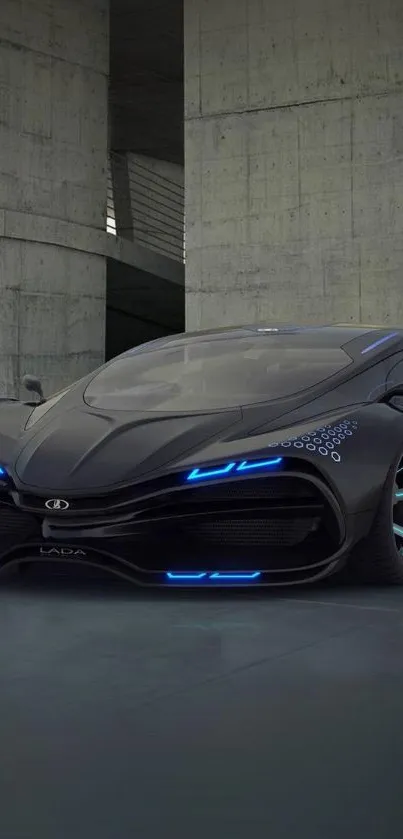 Sleek black futuristic car with blue accents in a dim garage.