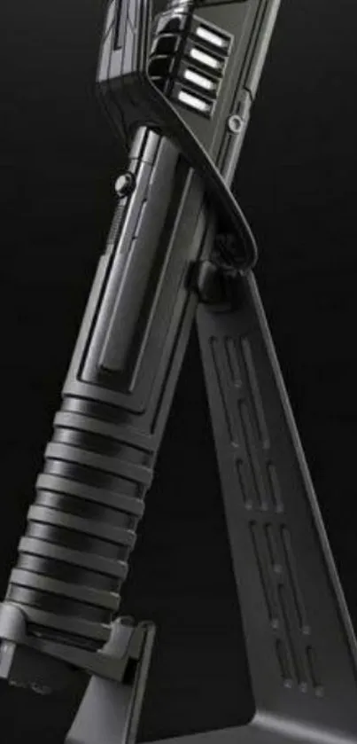 Futuristic black sword standing upright in sleek design.