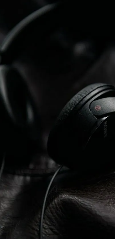 Sleek black headphones on leather background.