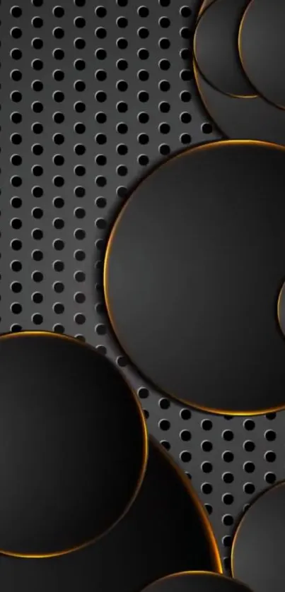 Sleek black metallic circles with a perforated background wallpaper.
