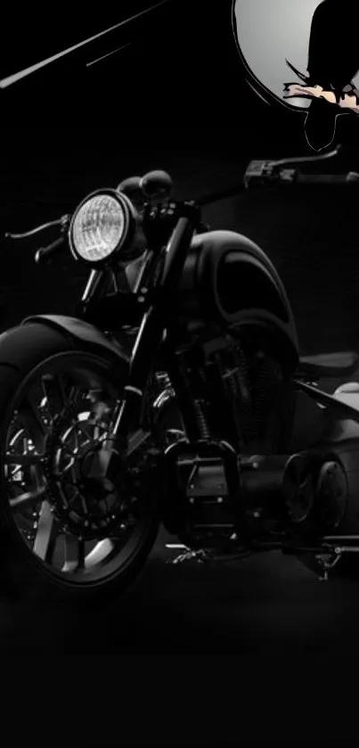 Sleek black motorcycle on dark background.