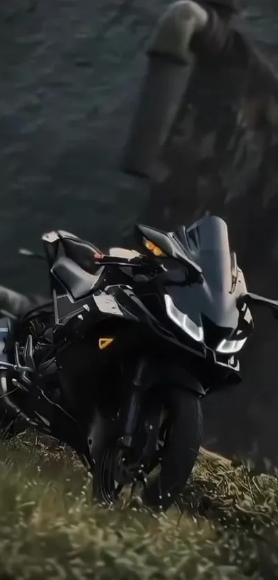 Sleek black motorcycle on rugged rocky terrain.