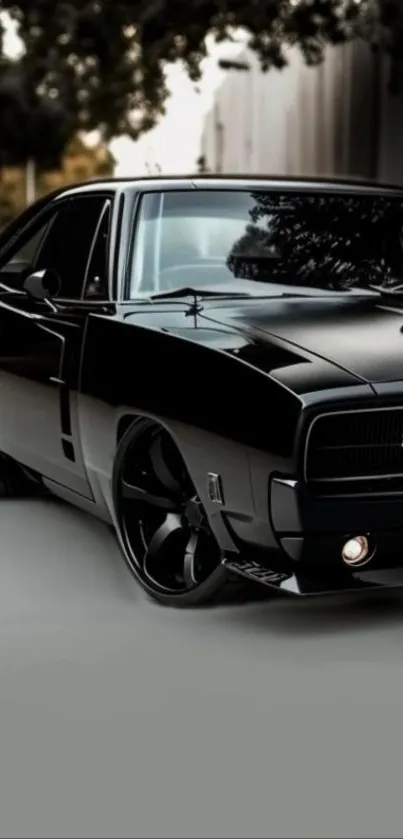 Black muscle car parked with a sleek, vintage design, side view.