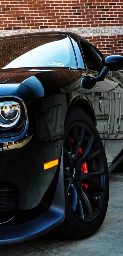 Sleek black muscle car parked in urban setting.