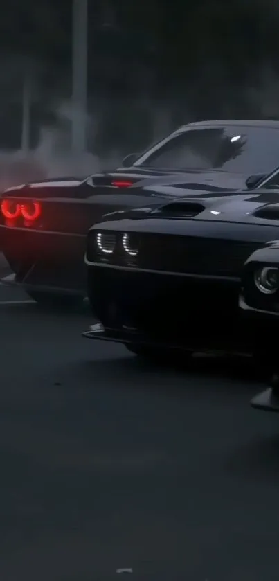 Black muscle cars with red taillights on a dark street at night.