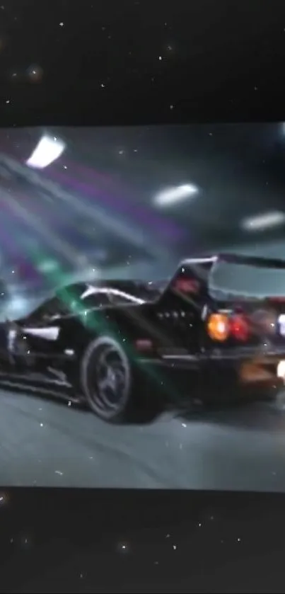 Black race car speeding through a tunnel at night.