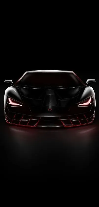 Futuristic black sports car with glowing red accents on a dark background.