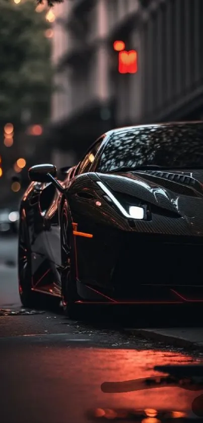 Sleek black sports car on a dimly lit city street at night.