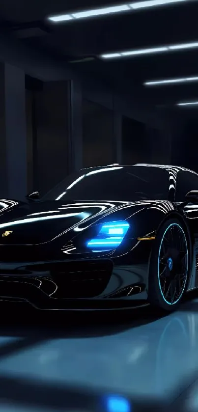 Sleek black sports car with blue headlights in a modern garage.