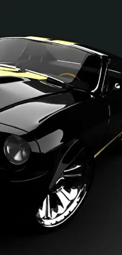 Sleek black sports car with chrome wheels and yellow accents on dark background.