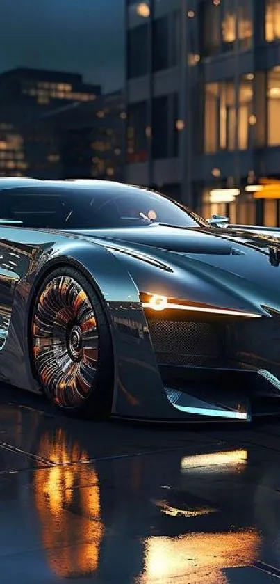 Sleek futuristic car on a wet urban street at night.