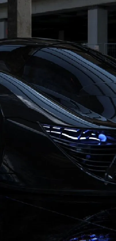 A sleek black sports car in a modern urban setting with shiny reflections.