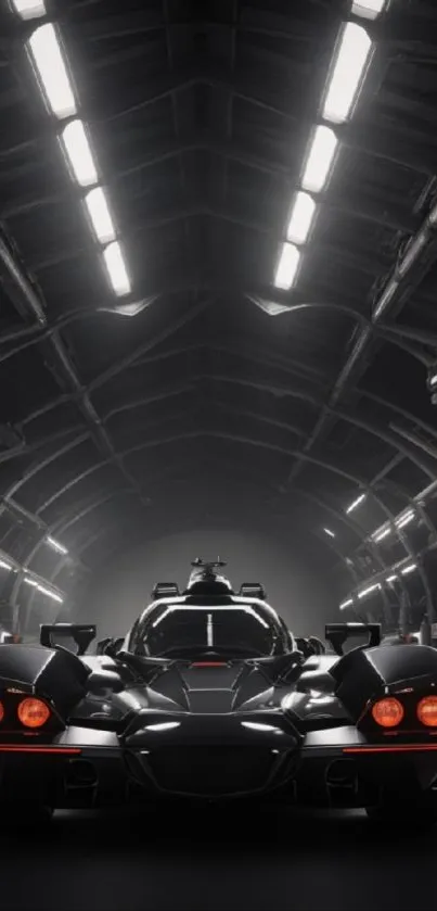 Sleek black sports car in a dimly lit industrial tunnel.