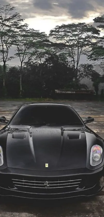 Sleek black sports car in misty forest setting, perfect for wallpapers.