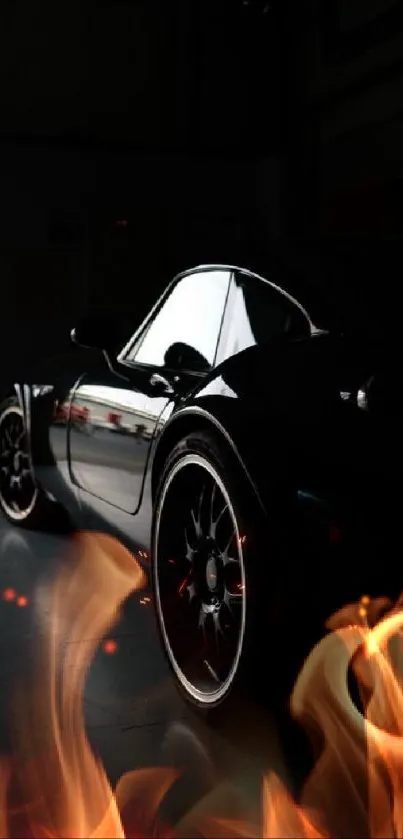 Sleek black sports car in a dark setting with glossy reflections.