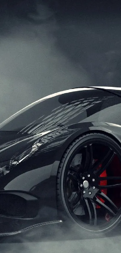 Sleek black sports car with glossy finish and red accents on a dark background.