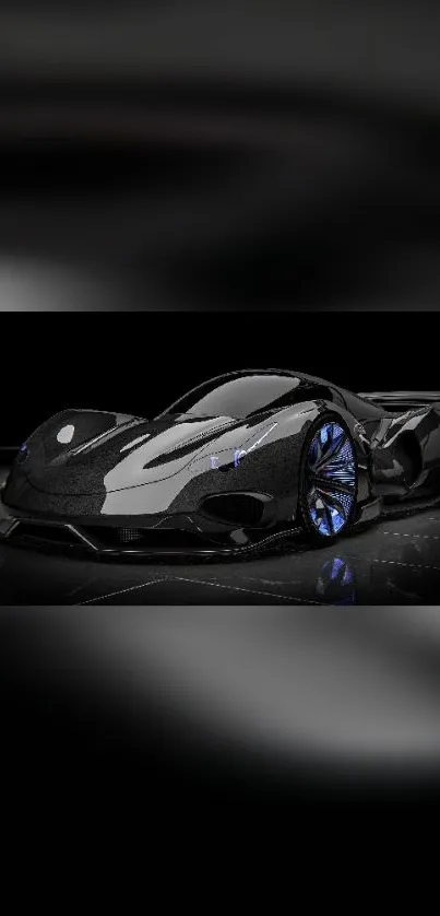 Futuristic black sports car with glowing details on a sleek background.