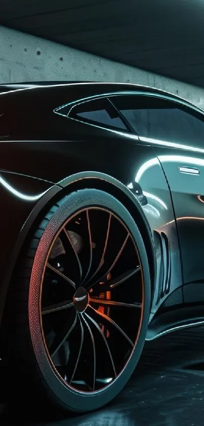 Sleek black sports car in dim lighting with glowing accents.