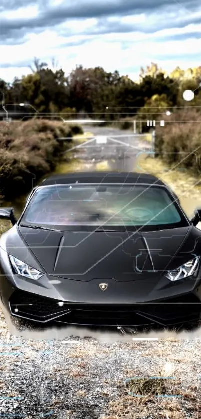 Sleek black sports car on a scenic road, perfect for mobile wallpaper.